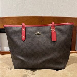 Coach Signature Brown Tote with Red Accents